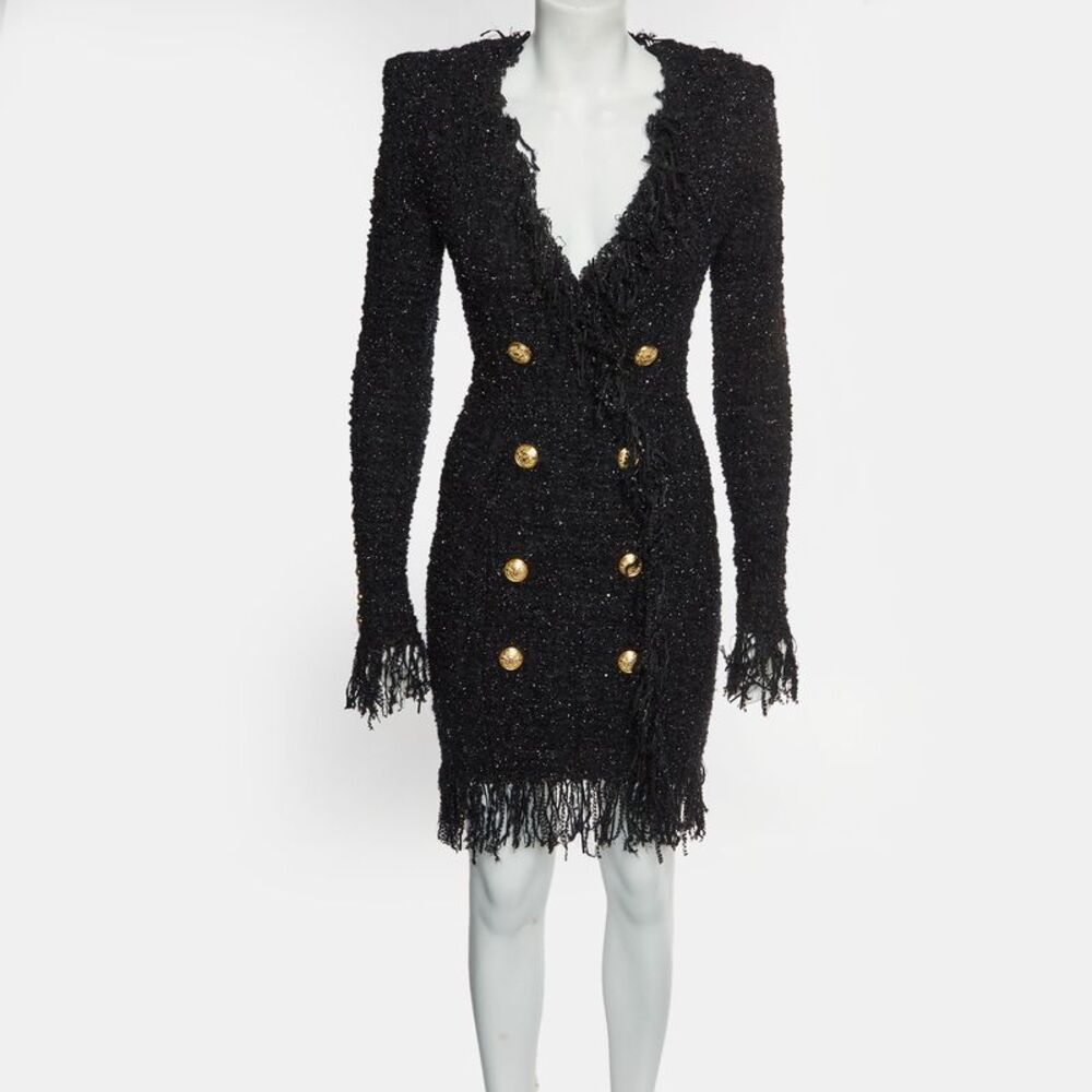 Balmain Black Metallic Bouclé Tweed Fringed Mini Dress S - Picture 2 of 6